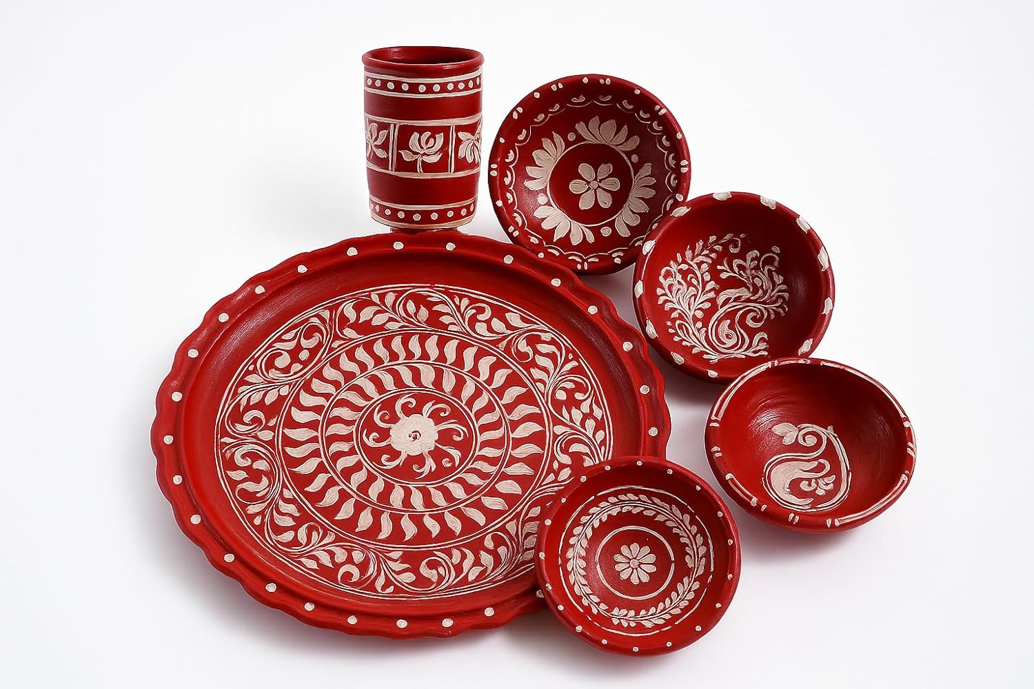Khola Pata Clay Thali Set | Handcrafted Terracotta Dinnerware | Bengali Red Plate & Bowls | Eco-Friendly | 7 Pcs | 1 Dining Set