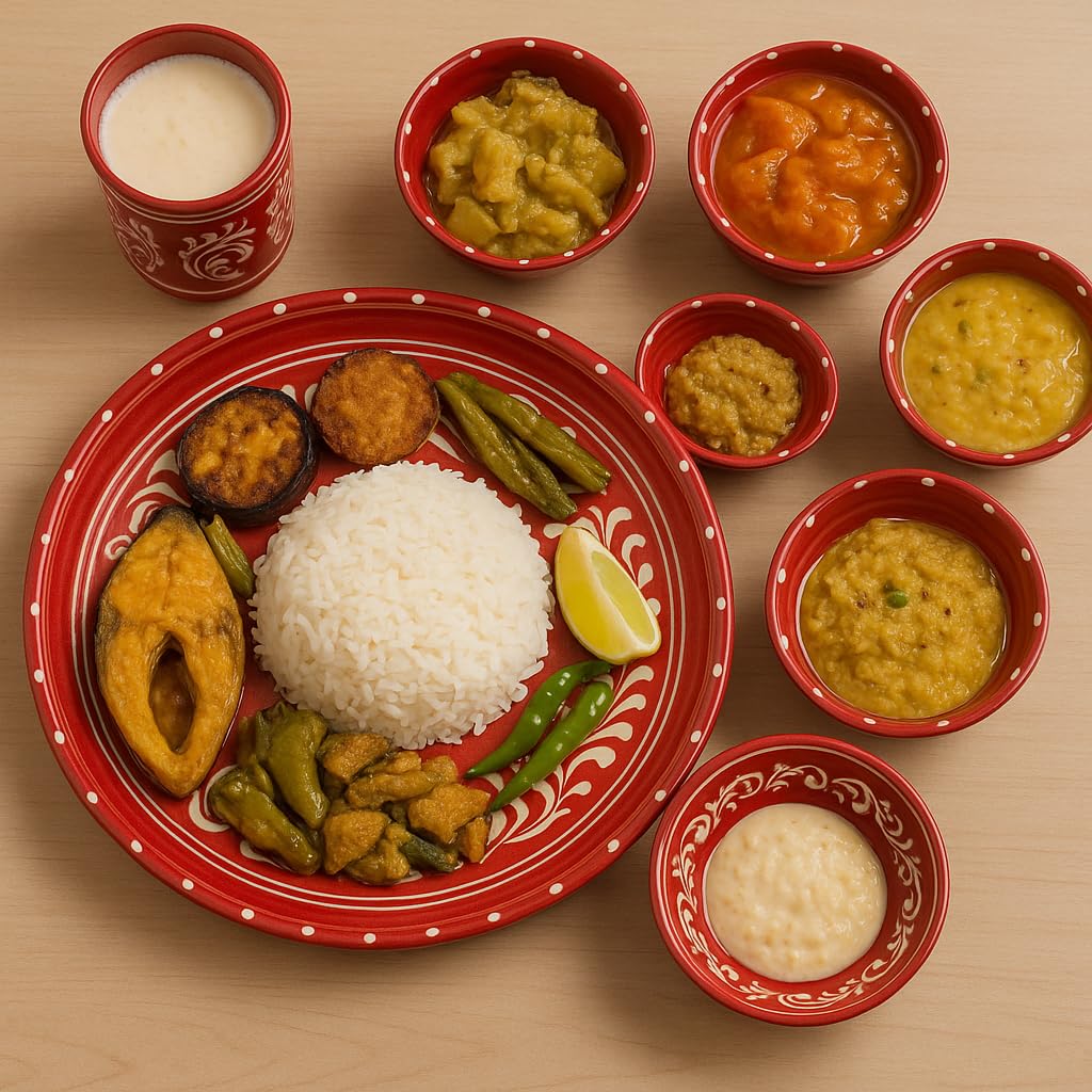 Khola Pata Clay Thali Set | Handcrafted Terracotta Dinnerware | Bengali Red Plate & Bowls | Eco-Friendly | 7 Pcs | 1 Dining Set