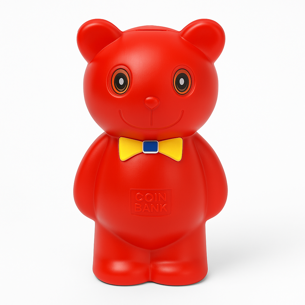 🧸Khola Pata Cute Red Bear Coin Bank For Kids & Adults | Durable Plastic | Money Saving Piggy Bank with Bow Tie Design
