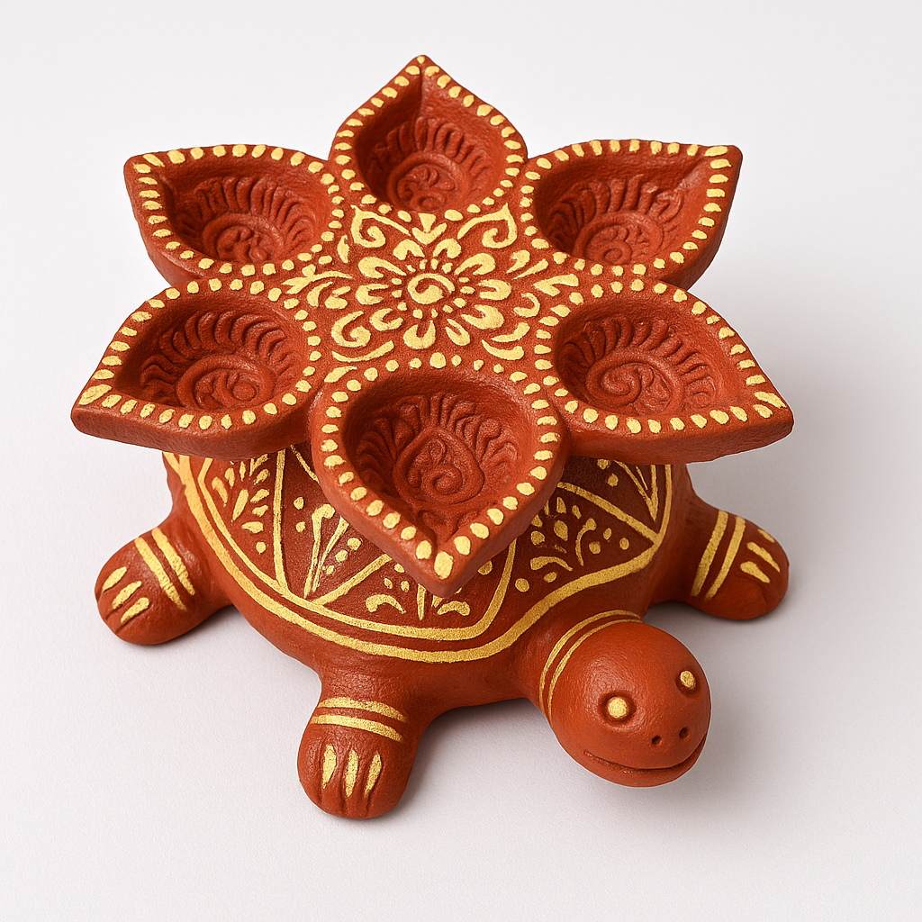 🪔 Khola Pata Handcrafted Terracotta Turtle Diya – 5 Wick Lamp (Eco-Friendly)